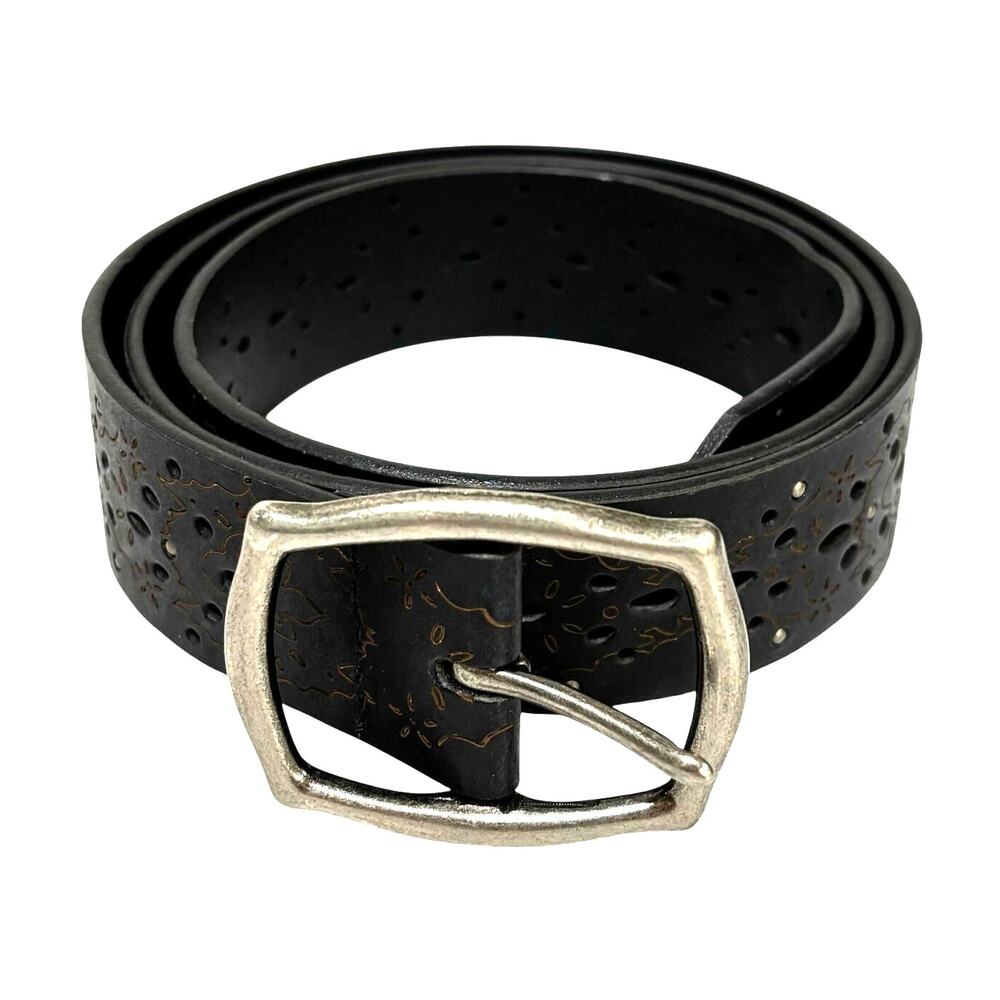 Black leather belt top stitch details laser cut nickel silver buckle & studs 42"
